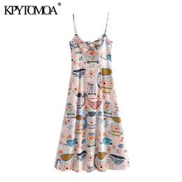 Women Chic Fashion With Bow Tied Printed Midi Dress Backless Zipper Thin Straps Female Dresses Vestidos 210420