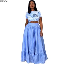 CM.YAYA Women Tie Dye Print Tee Tops Big Swing Maxi Skirts Tracksuit Classic Matching Set Long Dresses 210730