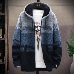 Men's Sweaters Korean Autumn Hooded Sweater With Thick And Velvet Cardigan Knitted Coat Stripe Jacket Male M-4XL