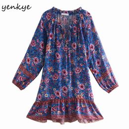 Vintage Floral Print Dress Women Lace Up V Neck Long Sleeve Loose Casual Female Holiday Summer Plus Size Short Vestido 210514