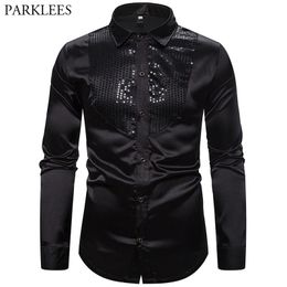 Black Shirt Mens Silk Dress Shirt Sequin Men Fashion Tuxedo Shirt Casual Slim Fit Men Shirts Long Sleeve Men Clothing Camisa USA 210524