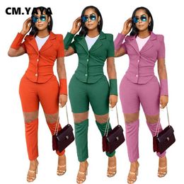CM,YAYA Streetwear Women's Tracksuit Mesh Splicing Blazer and Pants Matching Two 2 Piece Set Office Lady Sweatsuit Outfits 211126