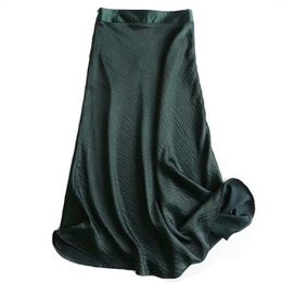 Women High Waist Green A Line Skirts Japan Style Office Lady Summer Long Elegant Faldas Streetwear 210421