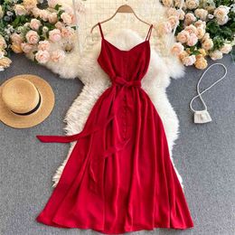 Women Fashion Sexy Simple A-line Dress Solid Color Sleeveless High Waist Thin Vintage Vestidos Clothing R399 210527