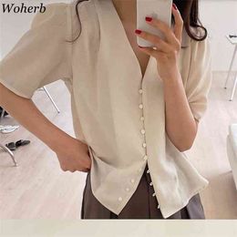 Stylish Chic V-neck Blouse Womensexy See Through Shirts Elegant Single-breasted Female Solid Blouses Tops Casual Blusas 210519