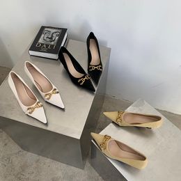 Dress Shoes Fashion Women Pumps Pointed Toe Black Beige Yellow Shallow Slip On Metal Chain Thin High Heels Casual Size 35-39