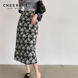 Jacquard Bodycon Long Skirt Women High Waist Rose Floral Print Black Ladies Midi Korean Fashion Clothing 210427