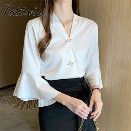 Spring Fashion Button Up Satin Silk Shirt Vintage V neck Blouse Women elegant White Lady butterfly Sleeves Female Shirts 210514