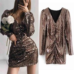 Rose Gold Sequin Party Dress Women Winter Ruched Long Sleeve Mini Sexy es Ladies Slim Vintage Glitter 210519