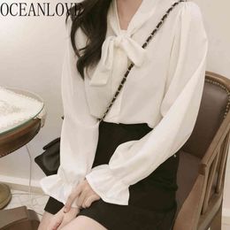 Chiffon Flare Sleeve Women Blouses Bow White Spring Blusas Solid Bandage Elegant OL Fashion Ropa Mujer 14734 210415