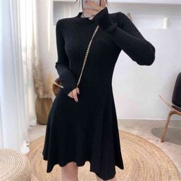 Korean Elegant Autumn Winter Sweater Dress Women Casual All-match O Neck Long Sleeve Pullover Knitted Jurken Vestidos 210514