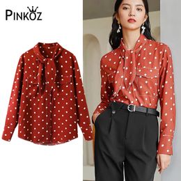 spring fashion polka dot printed bow collar long sleeve red bloouse cute sweet plus size loose shirt women tops 210421