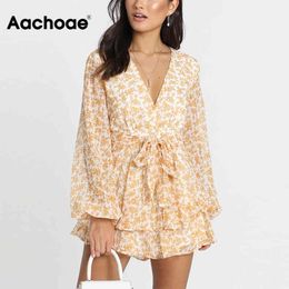 Aachoae Summer Floral Print Beach Dress Deep V Neck Mini Bud Dresses Lady Bandage Transparent Long Sleeve Holiday Dress Sundress 210413