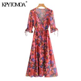 Women Chic Fashion Floral Print Wrap Chiffon Midi Dress V Neck With Belt and Lining Female Veintidos 210420