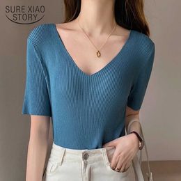 Short Sleeve Summer Shirt for Women Plus Size White Tee Woman Shirts Knitted Casual V-Neck Tops Blusas Fashion Women 13436 210527