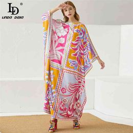 LINDA DELLA Summer Bohemian Ankle Length Loose Dress Women Ruffles Sleeve Floral Print Elegant Maxi Long Robe Gown 210522