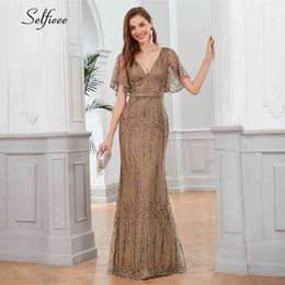 Sexy Sequined Maix Dress For Women Short Sleeve V-Neck Bodycon Evening Party Dress Elegant Long Ladies Dress Robe Femme 210331