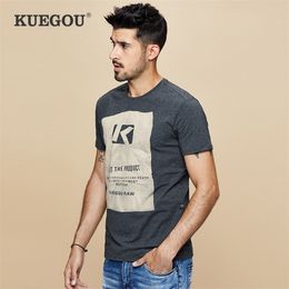 KUEGOU cotton spandex Men's tshirt short sleeve printing summer t shirt men black white men's T-shirt slim top MT-1642 210409