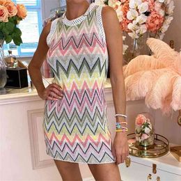 Summer Knit Rainbow Striped Women's Mini Dress Sleeveless Hollow Out Patchwork Women's Dresses Fashion Casual Lady Clothes 210331