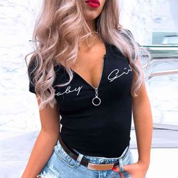 Women T-shirt Summer Casual O-Neck Zipper Decor Short Sleeve Letter Embroidery Slim Pullover Tops Ladies Solid Bodycon Tee Shirt 210507