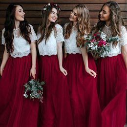 White Burgundy Bridesmaid Dresses Two Piece Short Sleeves Lace A Line Floor Length Long Wedding Party Dress