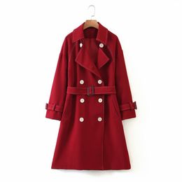 Women Autumn Fashion Double Breasted Long Coat Outwear Female Stylish European Style Red Jackets With Belt Femme 210421