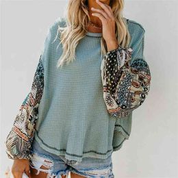 PEONFLY Women Pullovers Knitted Sweater Boho Printed Long Bell Sleeve O-Neck Pullovers Loose Jumper Female Streetwear Roupas 210805