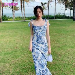 LDYRWQY Summer French floral blue and white chiffon slim fashion dress with straps Office Lady Polyester 210416