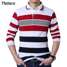 TFETTERS Autumn Casual Men T-shirt White and Red Stripe Pattern Fitness Long Sleeve Turn-down Collar Cotton Tops Clothes 210629