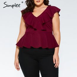 Plus size ruffled v-neck women blouse shirt Elegant sleeveless solid female Casual summer streetwear peplum tops 210414