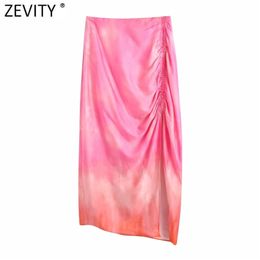 Zevity Women Vintage Tie Dyed Printing Pleated Design Sarong Skirt Faldas Mujer Female Side Split Chic Slim Midi Vestidos QUN797 210629