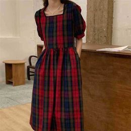 Chic Red Vintage High Waist Sweet Streetwear Casual Long Dresses Plaid Loose Geometric All Match Vestidos 210525