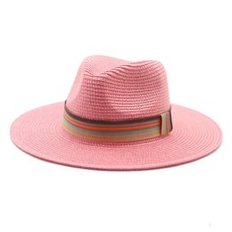 women summer hats men big brim solid belt band striped casual sun hats men women green pink yellow sun protection men straw hats