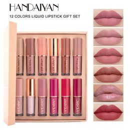 HANDAIYAN 12 pcs book style liquid lip gloss set matte shimmer lipstick makeup 2.5ml*12