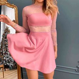 Glitter Sequin Casual Sexy Club Dresses Spring Mesh Patchwork Full Sleeve Ladies Fashion O-neck Mini Basic Dress Pink&Black 210517