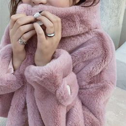 Faux Fur Coat Women Casual Korean Hoodies ry Thick Bat Sleeved Warm Long Rabbit Jacket Loose Winter Outwears 211220