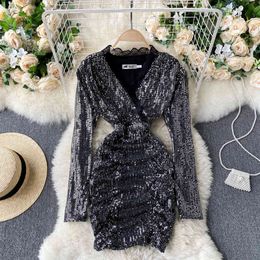 SINGREINY Women Design Sequins Dress Lace V Neck Long Sleeve Ruched Slim Dresses Autumn Korean Fashion Streetwear Short Dress 210419