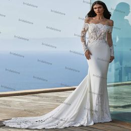 Elegant Long Sleeve Beach Wedding Dress Off The Shoulder Satin Mermaid Boho Bridal Dresses 2021 Robes De Mariage Robe Blanche Vestido Novia Femme