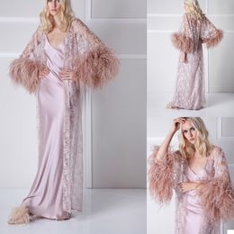 Women Autumn Sleepwear Ostrich Feather Bridal Long Sleeve Lace Wraps Formal Evening Party Robes Photo Shoot Pyjama Sets 2 Pieces