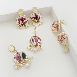 Dangle & Chandelier Minar Bohemia Red Dried Flower Resin Drop Earring Floating Pressed Floral Pearls Tassel Earrings Summer Beach Jewelry