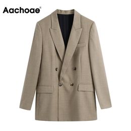 Aachoae Office Casual Double Breasted Khaki Blazer Suit Women Notched Neck Elegant Blazers Long Sleeve Ladies Tops Outerwear 211019