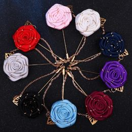 Pins, Brooches Men's Women Gold Leaves Handmade Fabric Camellia Flower Brooch Pin With Chain