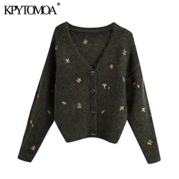 KPYTOMOA Women Fashion Floral Embroidery Knitted Cardigan Sweater Vintage Long Sleeve Button-up Female Outerwear Chic Tops 211011