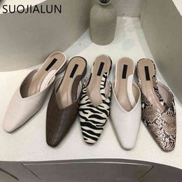 SUOJIALUN 2021 Spring Slip On Mules Shoes Round Toe Shallow Low Heel Slippers Fashion Dress Shoes Female Chaussure Slippers C0330