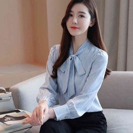 Chiffon Shirt Women Long Sleeve s Spring Bow Neck Pink Blue Striped Blusas Femininas Elegante Blouses 720F 210420