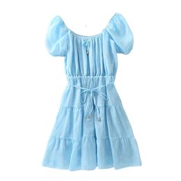 Fashion Blue Draped Mini Dress Women Summer Slash neck Short Sleeve Female Dresses vestido feminino 210430