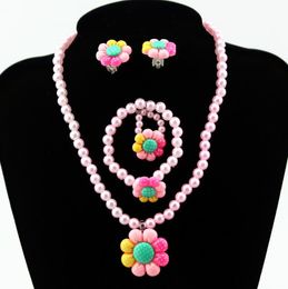 Kids Girls Jewelry Set Beads Flowers Charms Pendants Necklace Ring Ear Clips Bracelet Accessories Pink Rose