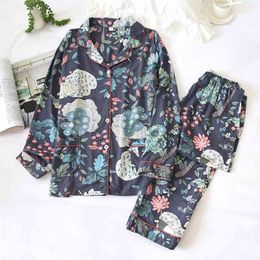 Lapel Homewear Cotton Women's Pyjamas Suit Button Floral Printed Sleepwear Set Long Sleeve 2 Pieces Shirts + Pants Female Pijama 210330