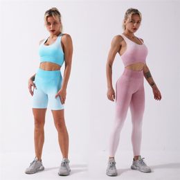 2PCS/Set Ombre Seamless Yoga Set Sports Bra+High Waist Workout Leggings Women Running Gym Clothing Fitness Sport Suit Sportswear 210813