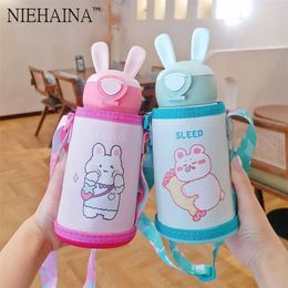 400-500ml Kids Thermos Mug With Straw Stainless Steel Dobble Vacuum Flasks Children Cute Thermal Water Bottle Tumbler Thermocup 211109